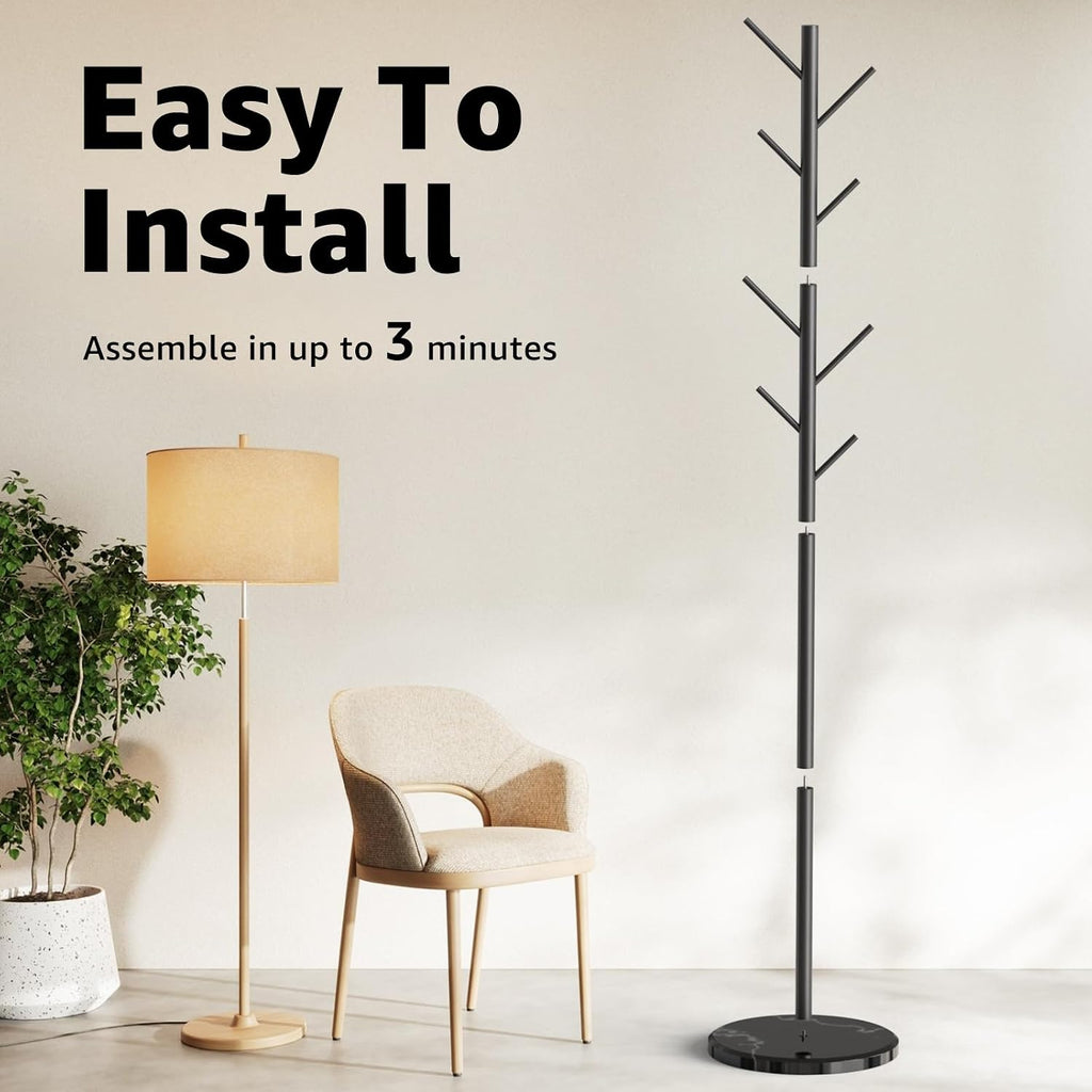HzTinT Coat Rack with Natural Marble Base, Metal Freestanding Coat Rack with 8 Hooks, 3 Adjustable Size Sturdy Coat Tree for Bags, Coats, and Hats for Entryway, Hallway, Bedroom, Office, Black