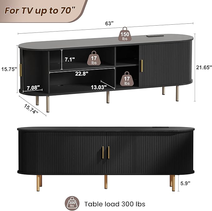 DHH 63 Inch Mid Century Modern TV Stand with Power Outlet for TVs up to 70 Inch, Entertainment Center with Storage and Adjustable Shelves, Media Console with Sliding Doors for Living Room(Black)