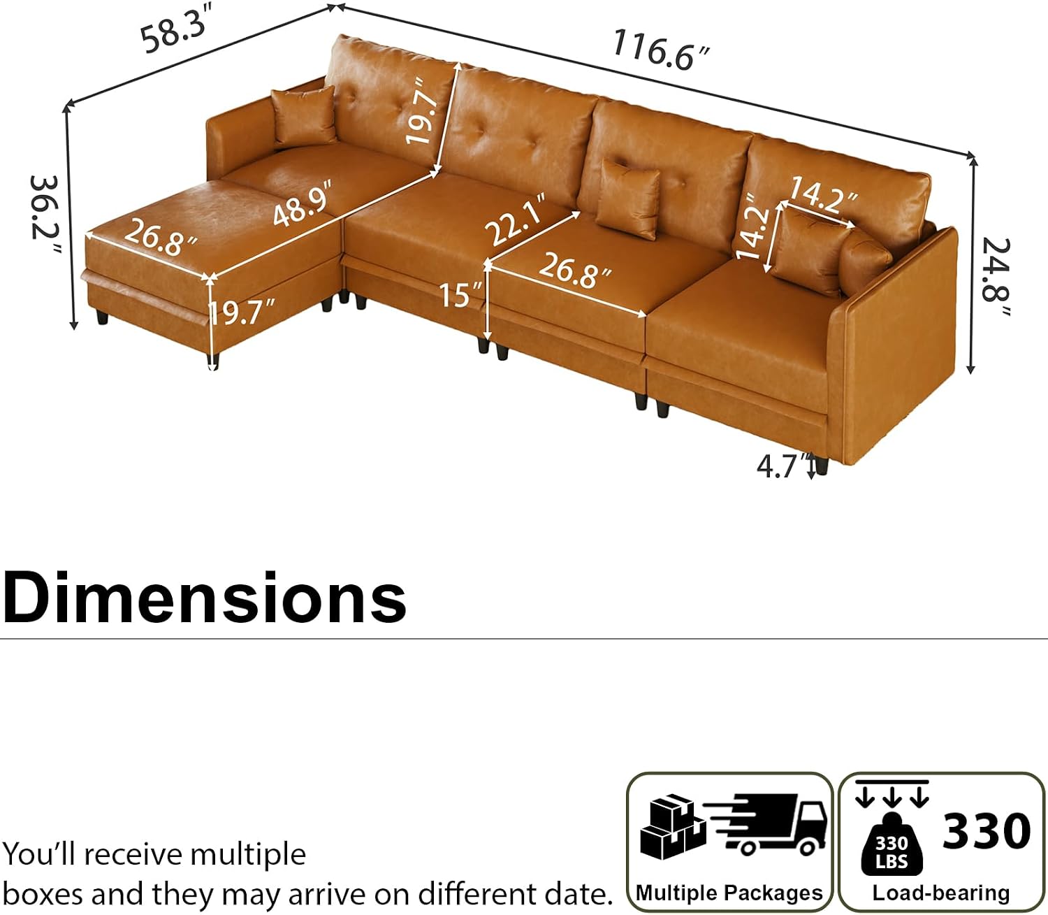 LLappuil 5-Seater L-Shaped Sectional Modular Sofa with Storage, Deep Seat Faux Leather Couches for Living Room, Waterproof & Scratch Resistant, Cognac Tan