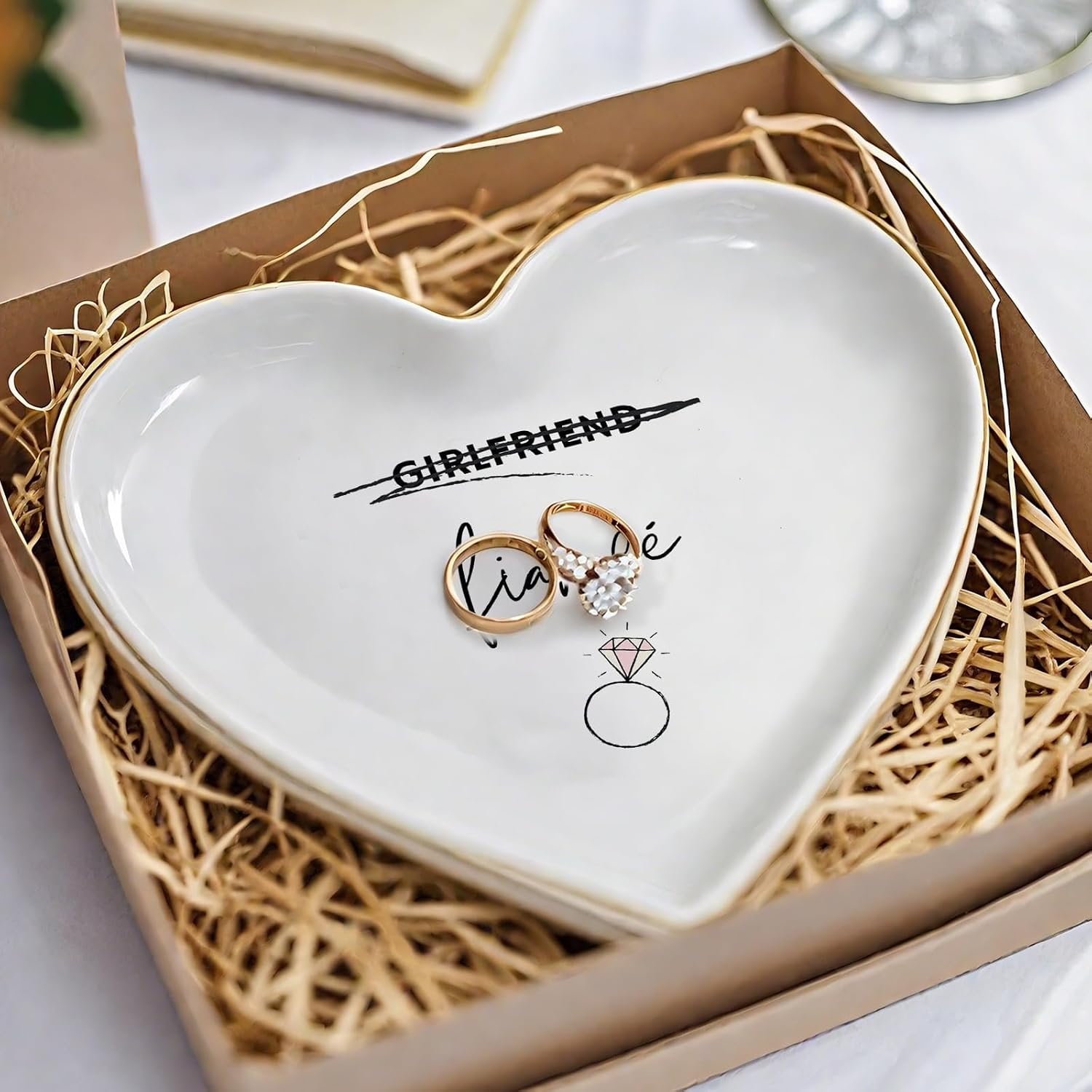 Fiance Jewelry Dish Tray – Engagement Ring Holder Ceramic Trinket Dish, Elegant Jewelry Organizer for Women, Bridal Shower Engagement Gift for Future Wife