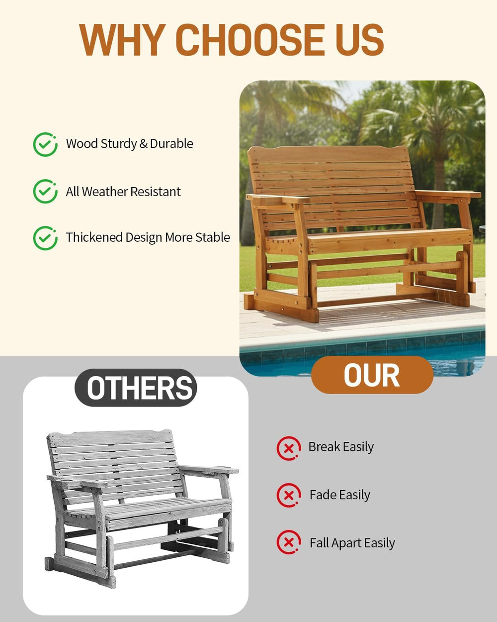 Outvita Patio Glider with Cup Holders, Wooden Outdoor Glider Bench with High ...