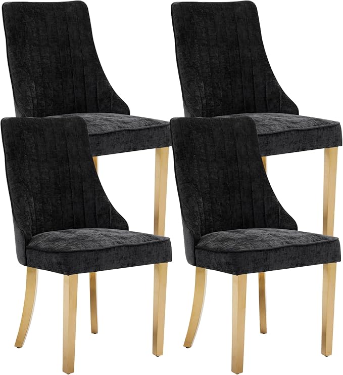 Dining Chairs Set of 4，Modern Channel Tufted Upholstered Dining Chairs with Golden Stainless Steel Legs, Comfortable Chenille Fabric Kitchen Chairs for Dining Room (Black, 4pc)