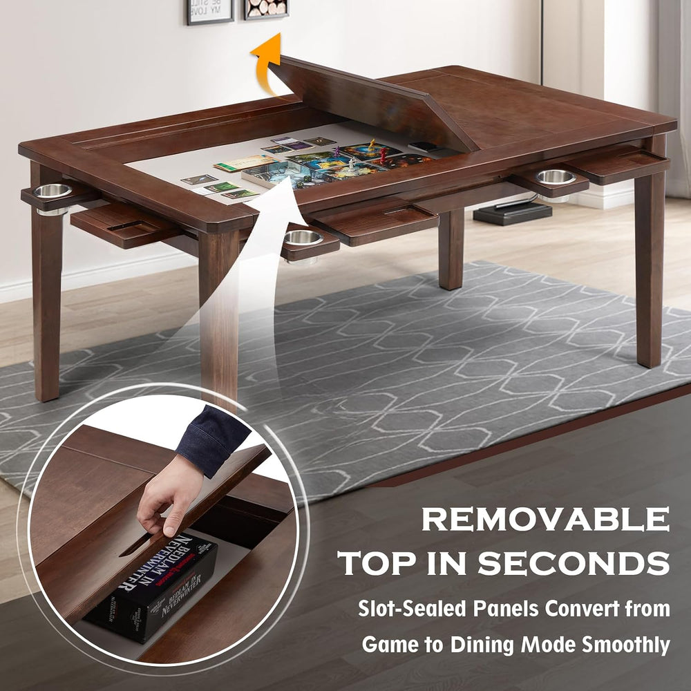 63"x39" Board Game Table with Removable Top Solid Wood Dining/Gamin...