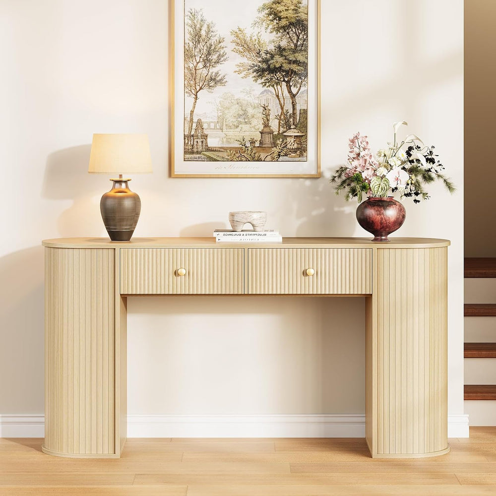 59" Fluted Console Table with 2 Drawers - Wood Entryway Table with Stora...