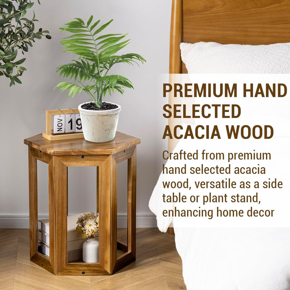 MyGift Hexagon Acacia Wood End Table with Shelf – 20-Inch Tall Small Side Tab...