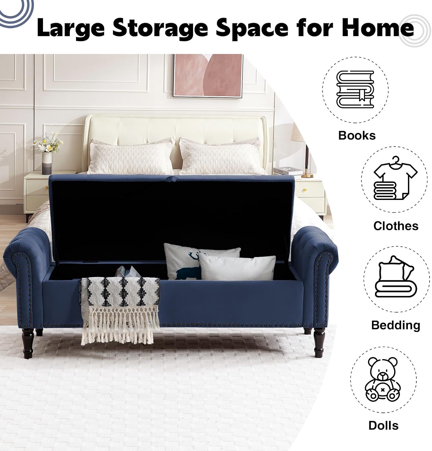 67'' End of Bed Storage Bench King Size, Storage Bench for Bedroom End of Bed, Upholstered Velvet Tufted Storage Ottoman Benches with Arms for Living Room, Entryway, Dark Blue