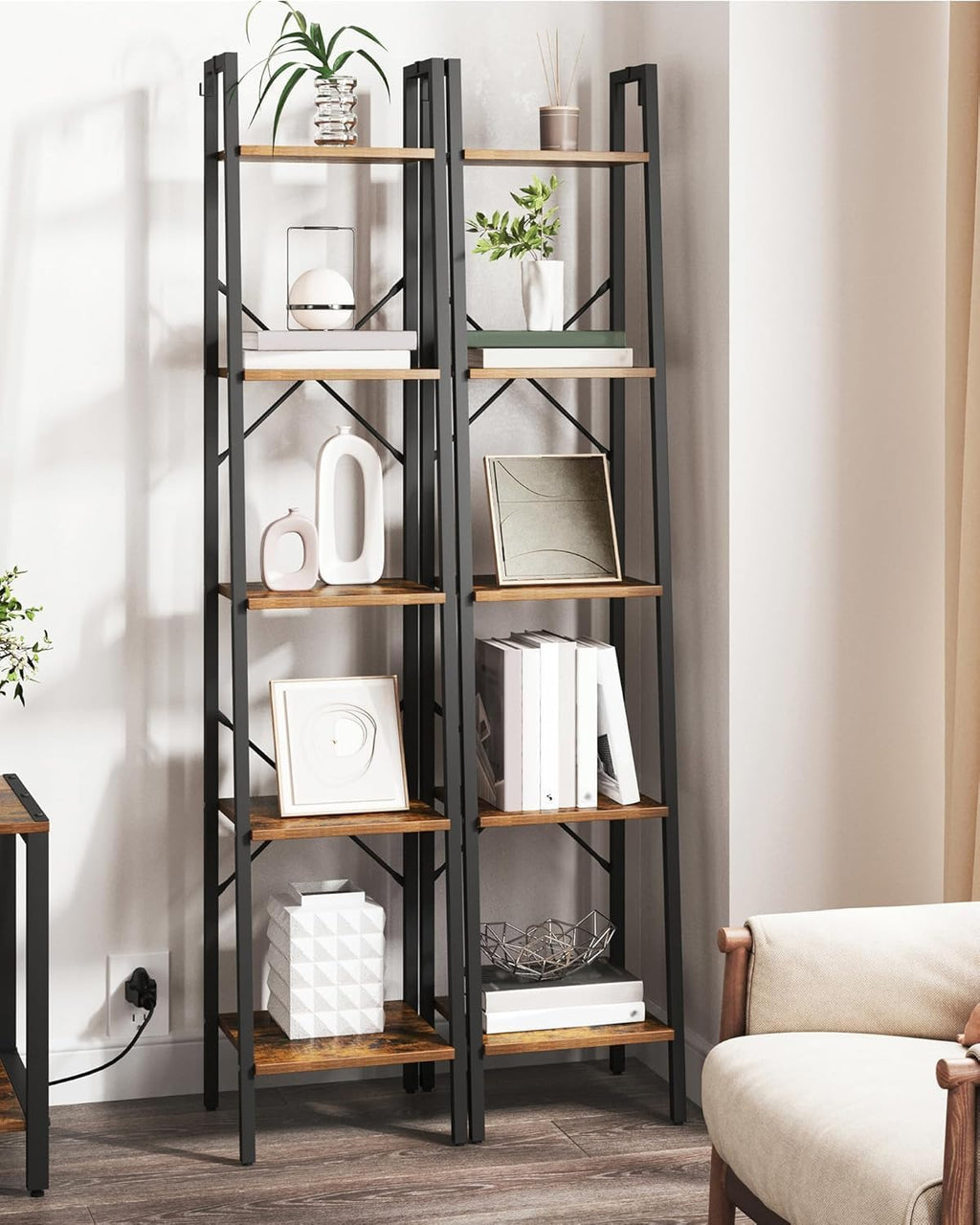 Hzuaneri Ladder Shelf, Bookshelf Bookcase, Freestanding Corner Storage Shelve with 2 Hooks for Home Office, Living Room, Kitchen, Bedroom, Industrial, 11.8" D x 13.4" W x 63" H, Rustic Brown BC03201B