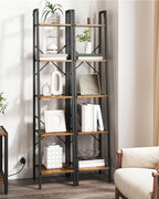Hzuaneri Ladder Shelf, Bookshelf Bookcase, Freestanding Corner Storage Shelve with 2 Hooks for Home Office, Living Room, Kitchen, Bedroom, Industrial, 11.8" D x 13.4" W x 63" H, Rustic Brown BC03201B