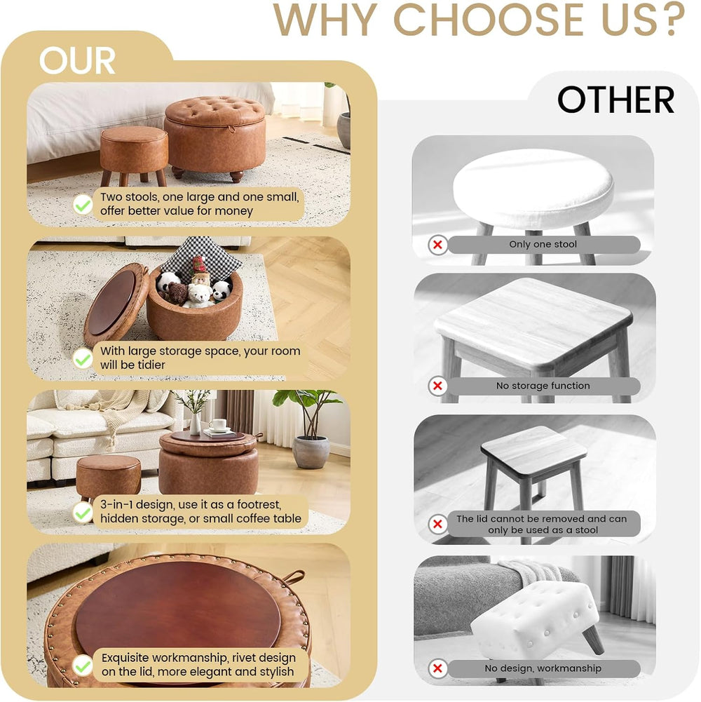 24Inch Round Storage Ottoman, Set of 2, Modern PU Leather Coffee Table with R...