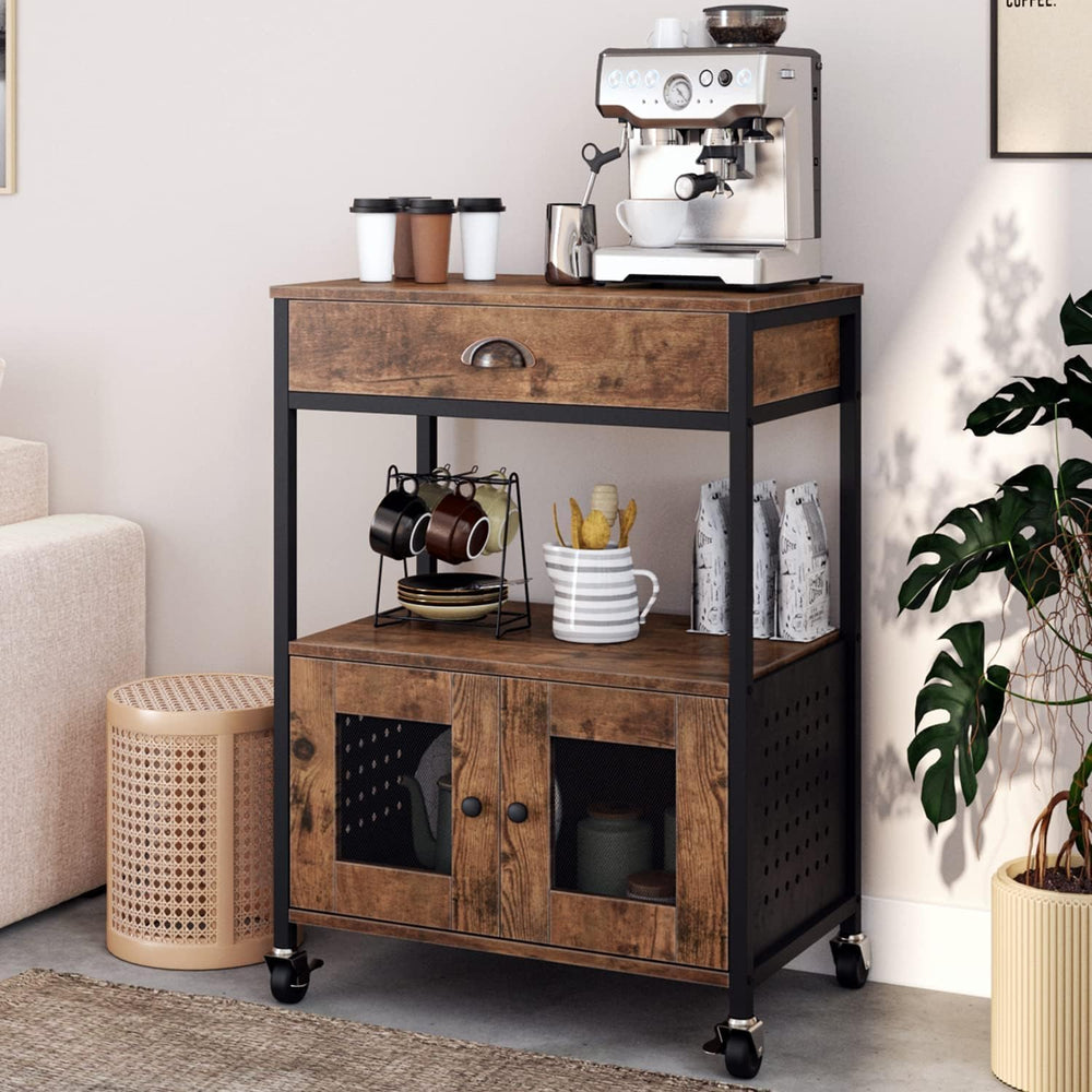 Catrimown Coffee Bar Cart Cabinet,3 Tier Coffee Station Table on Wheels,Coffe...