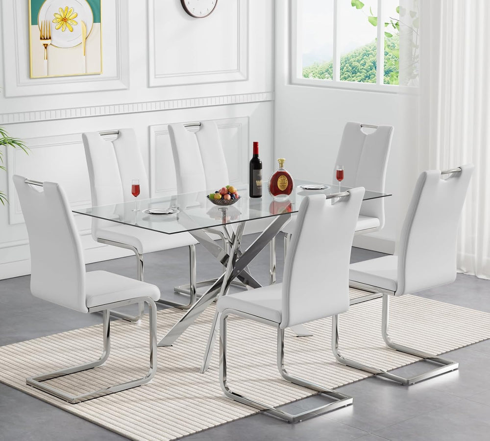 Modern Glass Dining Table Set for 6, Silver Glass Kitchen Table and Chairs Se...