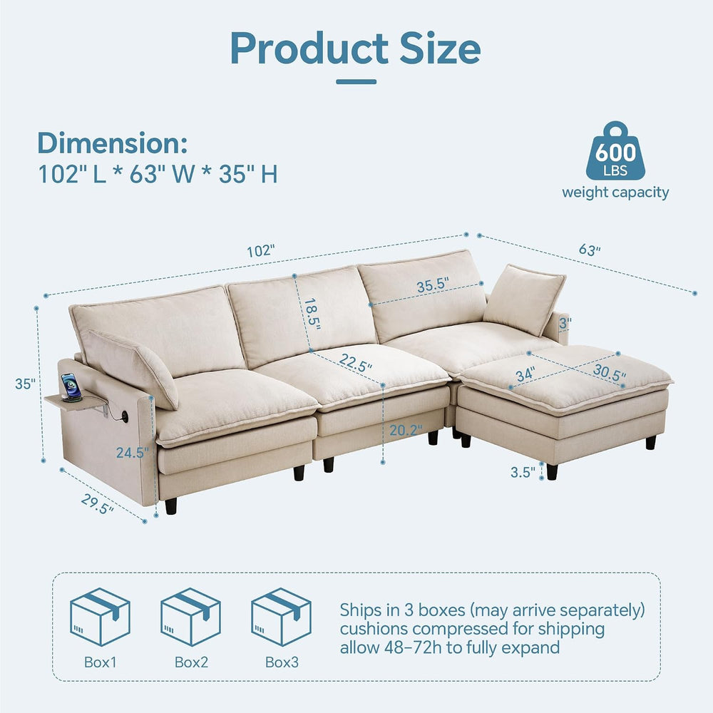102'' L-Shaped Cloud Couch Sectional Sofa for Living Room, Beige | US...