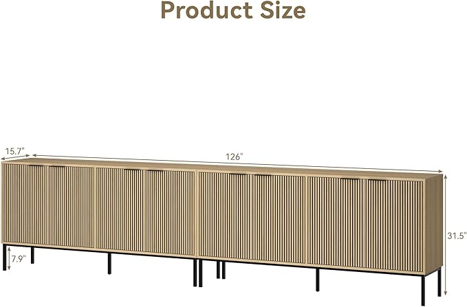 TV Stand for 120" TV, Mid Century Modern 126'' Television Stand, Entertainment Center with Storage and Adjustable Shelves, Media Console TV Cabinet for Living Room