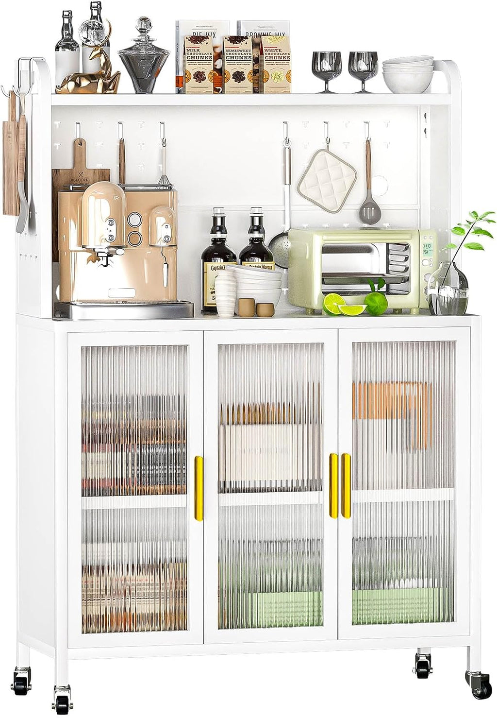 Kitchen Pantry Cabinets, Freestanding Pantry Cabinets with Microwave Stand, Modern Pantry Cabinet with Transparent Door, Kitchen Pantry Cabinet with Versatile Pegboard, Easy to Move, White (White)