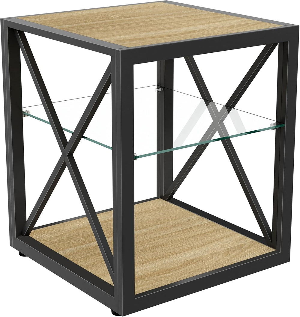 Modern End Table with Tempered Glass Shelf and Natural Wood MDF, Industrial M...
