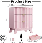 Night Stand Set 2, Bedside Table & End Table, Mid Century Modern Fluted Wood Nightstand with 3 Drawers & Metal Handles, Farmhouse Nightstand for Bedroom, Pink