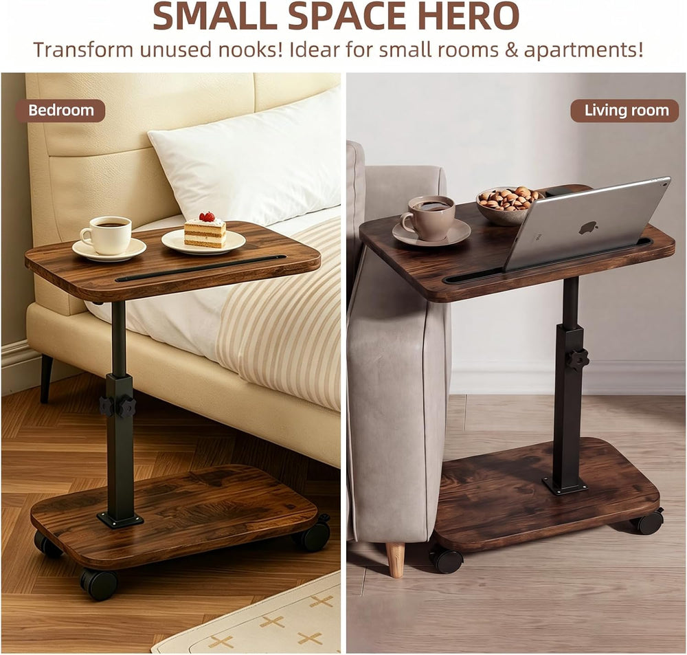 Adjustable TV Tray Side Table 360°Swivel Rolling, Rustic Brown | Adjustable H...