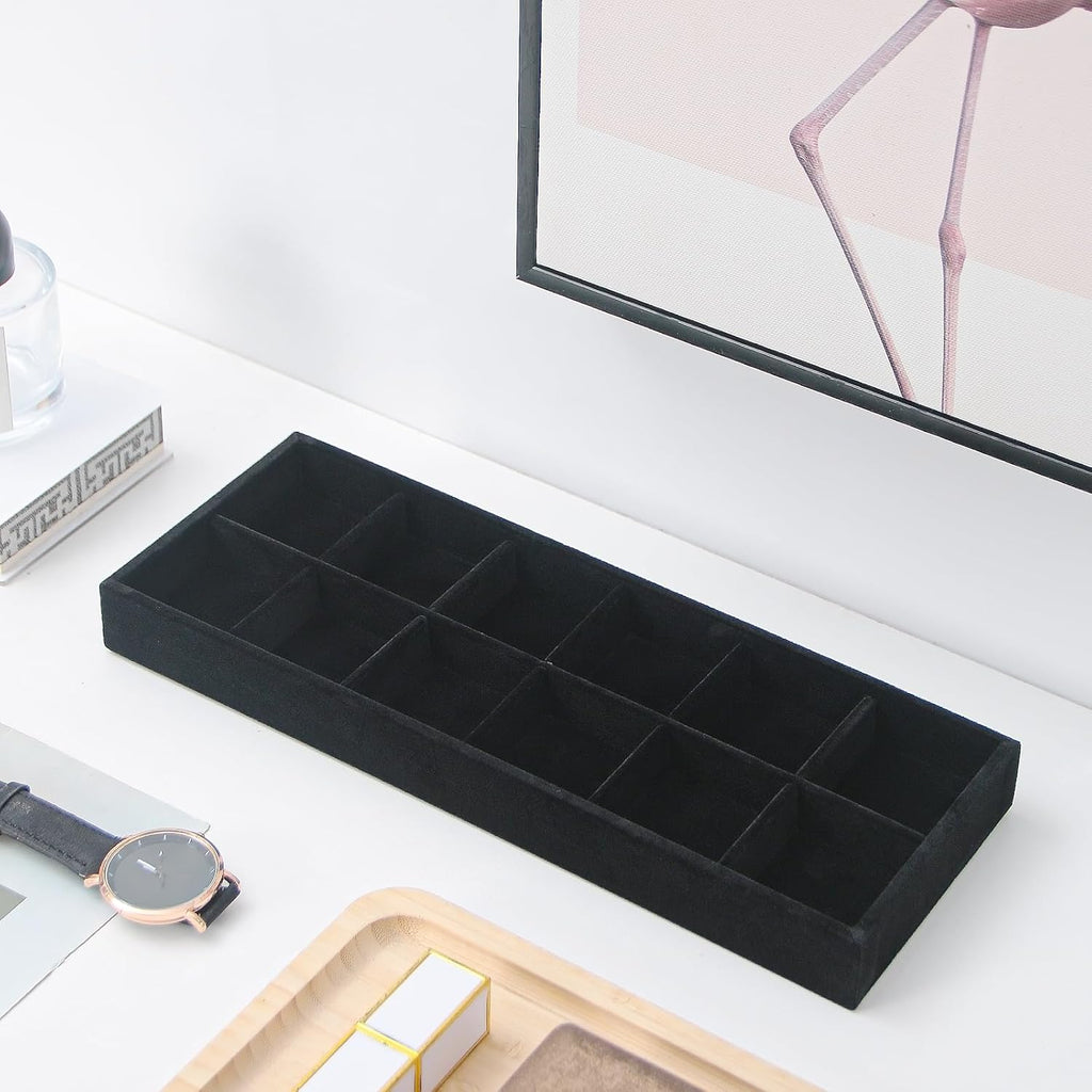 Divided Drawer Organizer, Velvet Jewelry Storage Tray for Necklace, Bracelet, Ring, Earring Display - Bedside Nightstand Desk Holder for Phone, Watch, Sunglasses, Cosmetics Storage/Black/12grid