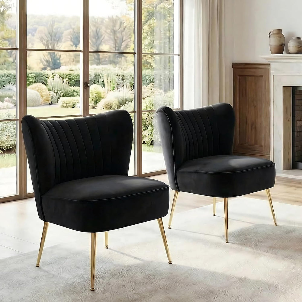 DUOMAY Modern Accent Chair Set of 2 Velvet Slipper Chair with Gold Legs Wingb...