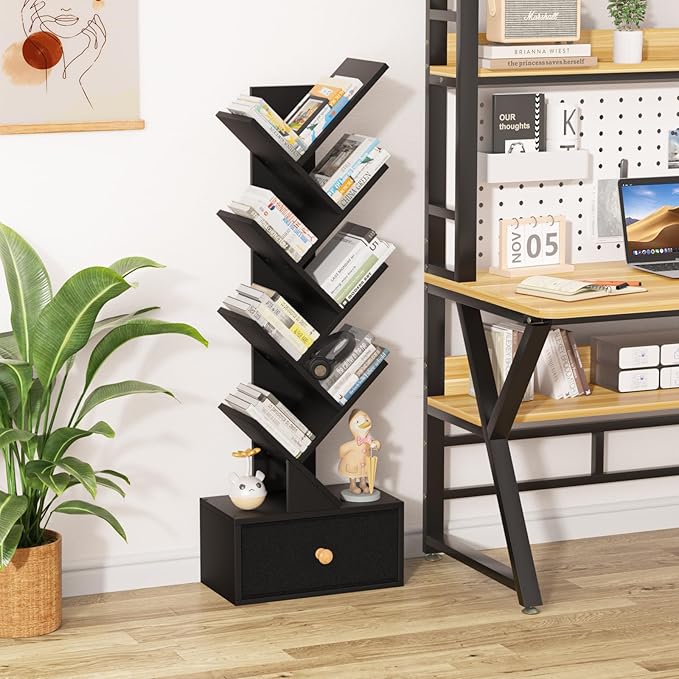 8 Tier Tree Bookshelf with Drawer, Free Standing Wood Bookcase for Living Roo...