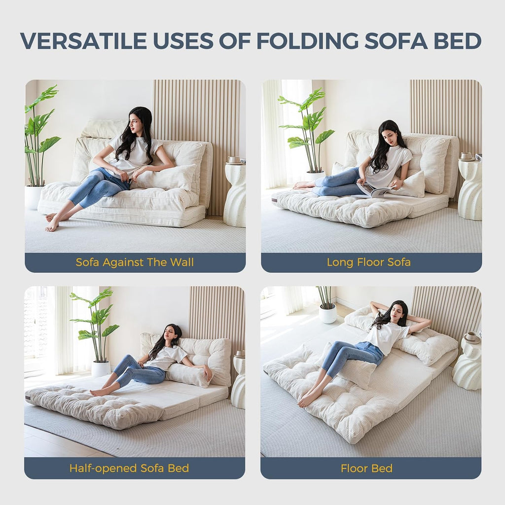 MAXYOYO Folding Sofa Bed, Convertible Chair Couch, Tufted Bean Bag Sofa | Extra Thick with Washable Cover, Chaise Lounge, Floor Bean Bag Couch Bed for Bedroom Living Room, Beige, 54"x91"