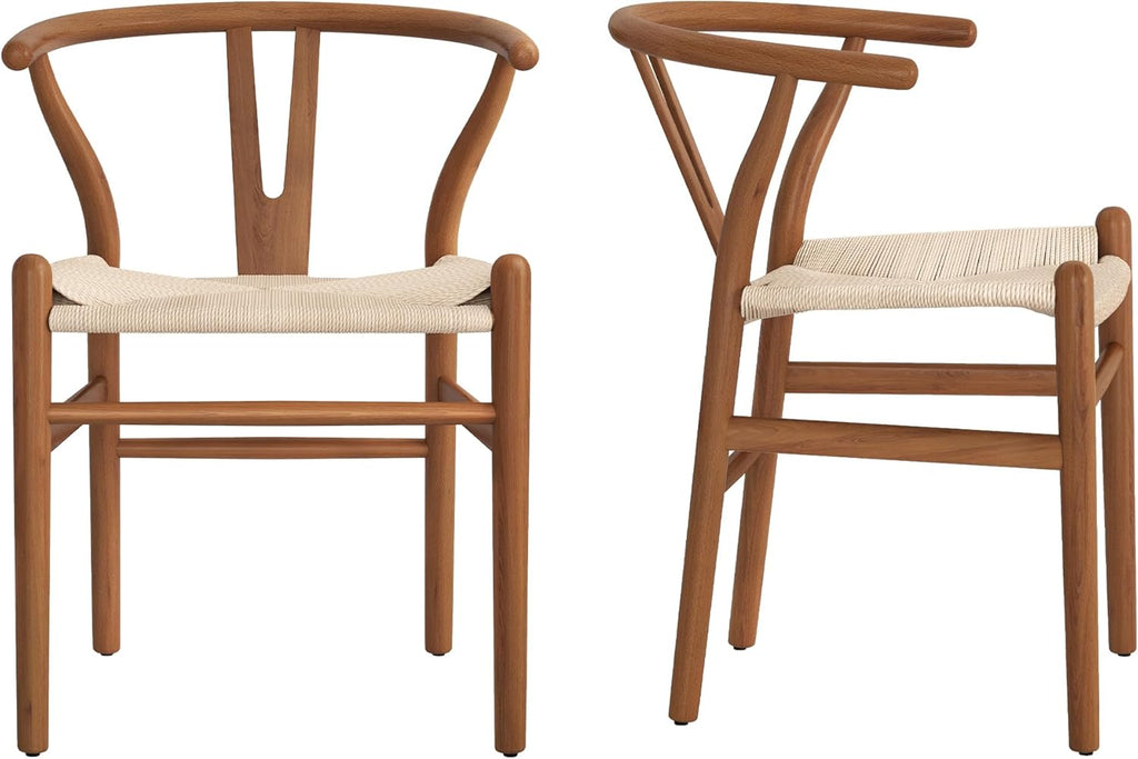 LUE BONA Solid Wood Wishbone Dining Chair Set of 2, Mid Century Modern Y-Shaped Backrest Dining Room Chairs, Fully Assembled Handwoven Seat, Light Brown