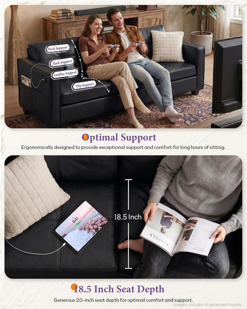TYBOATLE 88'' Black Faux Leather Couch with USB, 3-Seater | Faux Leat...
