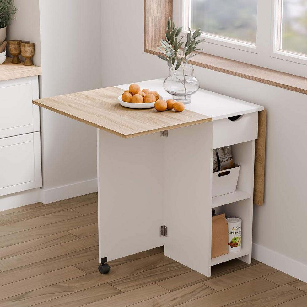 Mondeer Folding Dining Table with Drawer and Shelves, Oak & White | Drop ...