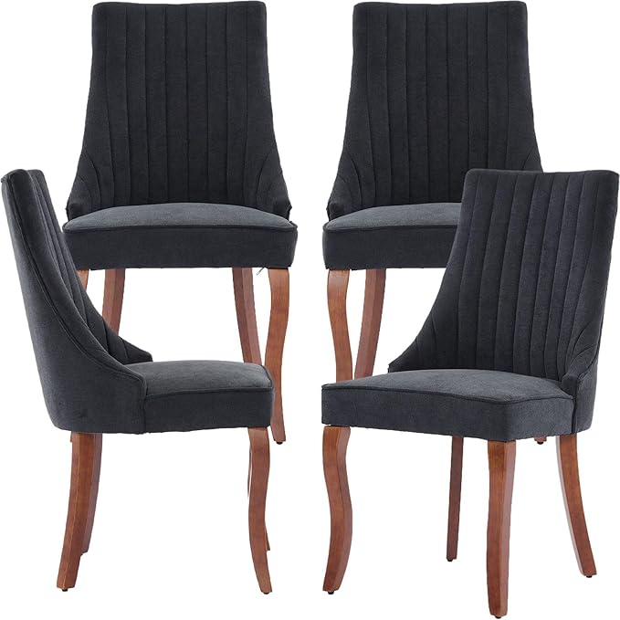 Modern Dining Chairs Set of 4, Mid Century Kitchen & Dining Room Chairs, Fabric Upholstered Kitchen Chairs with Wood Legs, Sillas de Comedor, Easy Assembly, Black, 4 Pieces