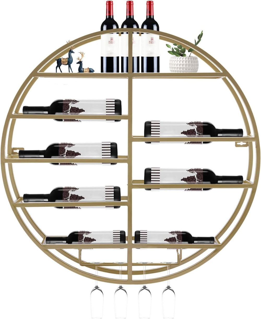 Wall Mounted Wine Rack with Glass Holder, 23.6" Round Metal Wine Shelf f...