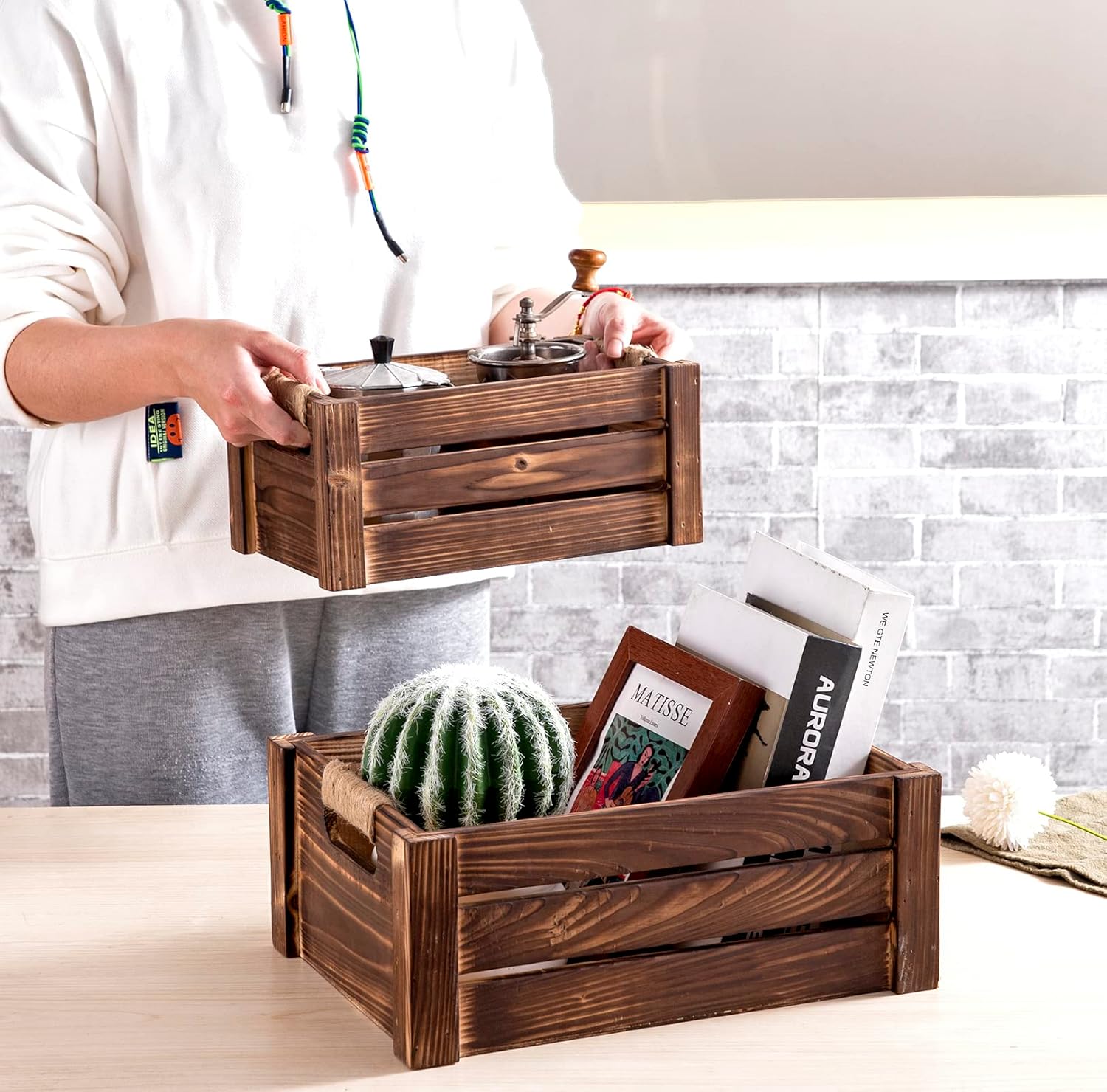 TIMRIS Set of 3 Rustic Wood Nesting Crates, Farmhouse Wooden Storage Container Boxes with Cutout Handles, Decorative Wooden Baskets for Display (Rustic Brown)