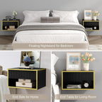4ever2buy Floating Nightstand with Fluted Drawer, Modern Wall Mounted Nightstand with Open Shelf, Black and Gold Night Stand for Bedroom, Black