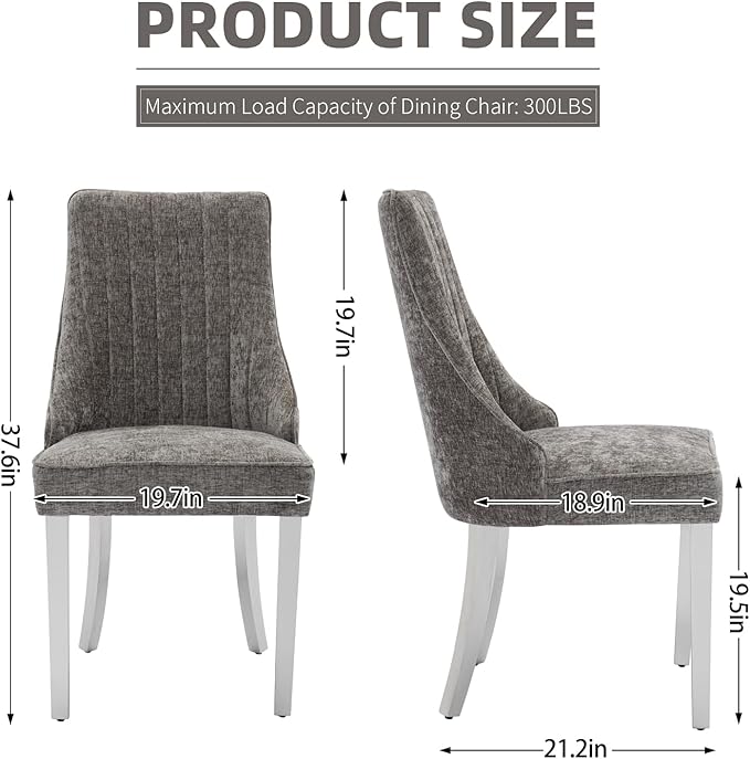 Dining Chairs Set of 2，Modern Channel Tufted Upholstered Dining Chairs with Silver Stainless Steel Legs, Comfortable Chenille Fabric Kitchen Chairs for Dining Room (Grey, 2pc)