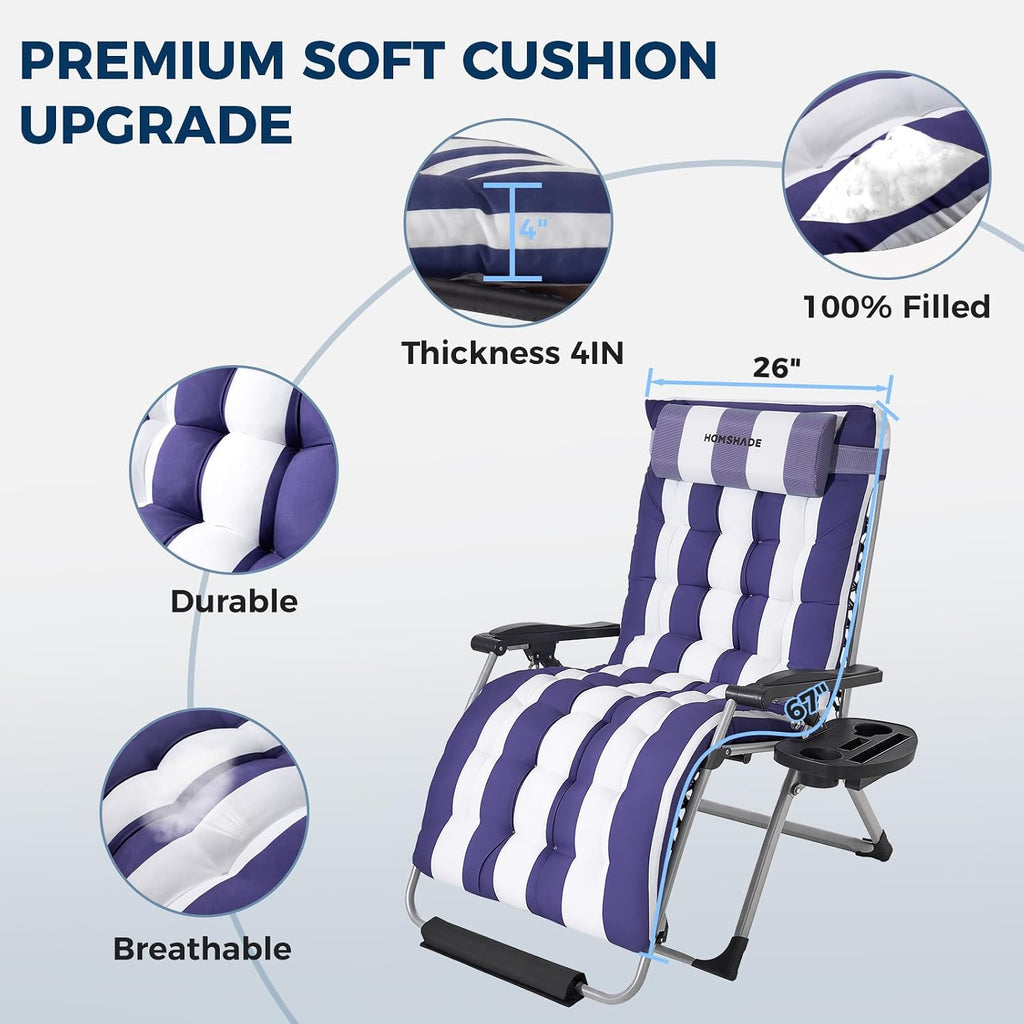 33 Inch XXL Oversized Zero Gravity Chair,Support 500LBS,Blue&White | Heavy Duty Zero Gravity Lounge Chair Outdoor, Indoor Recliner Chairs w/Removable Cushion, Footrest, Headrest & Cup Holder