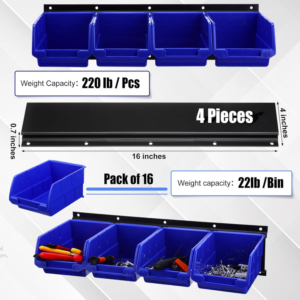Maitys Wall Mounted Storage Bins Plastic Hanging Stackable Storage Parts Garage Tool Organizer for Screws, Nuts, Bolts, Nails, and Small Hardware Parts, 16x Bins & 4 x Rails(Blue)