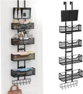Adjustable Over The Door Organizer, Metal Hanging Door Storage with 4 Metal Baskets and PVC Pocket, Closet Door Organizer for Bathroom Bedroom Cabinet, Black