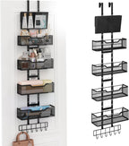 Adjustable Over The Door Organizer, Metal Hanging Door Storage with 4 Metal Baskets and PVC Pocket, Closet Door Organizer for Bathroom Bedroom Cabinet, Black