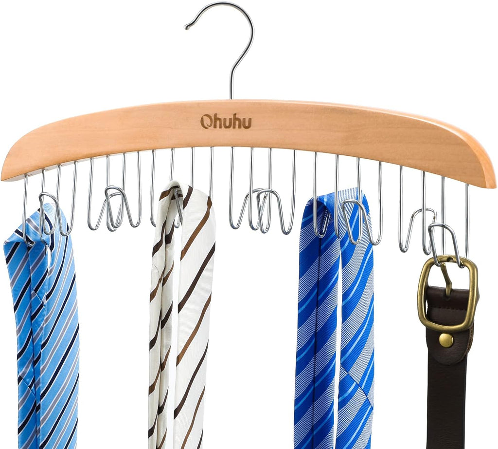 Belt Hanger Organizer for Closet: Ohuhu 12 Hooks Max 36 Belts Tie Rack Wooden Belt Holder for Storage 360 Degree Rotating Space Saver Organizer for Men Women Belt Tie Scarf Accessories-Burlywood