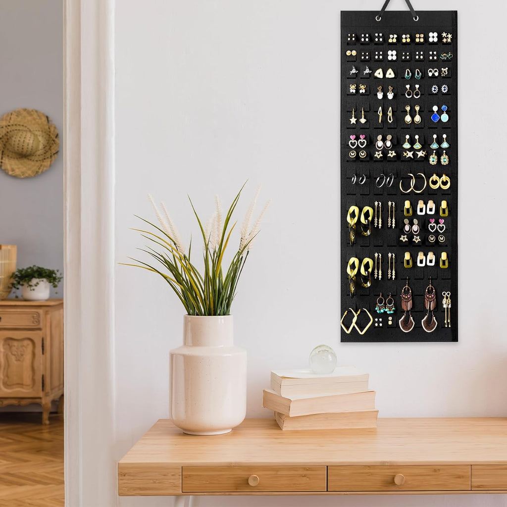 Lolalet Hanging Earring Holder Organizer with 20 Hooks for Women, Earring Organizer Wall Earrings Hanger Pierced Earring Storage, Felt Stud Earring Display, 608 Holes for Earrings - Black, 1 Pack