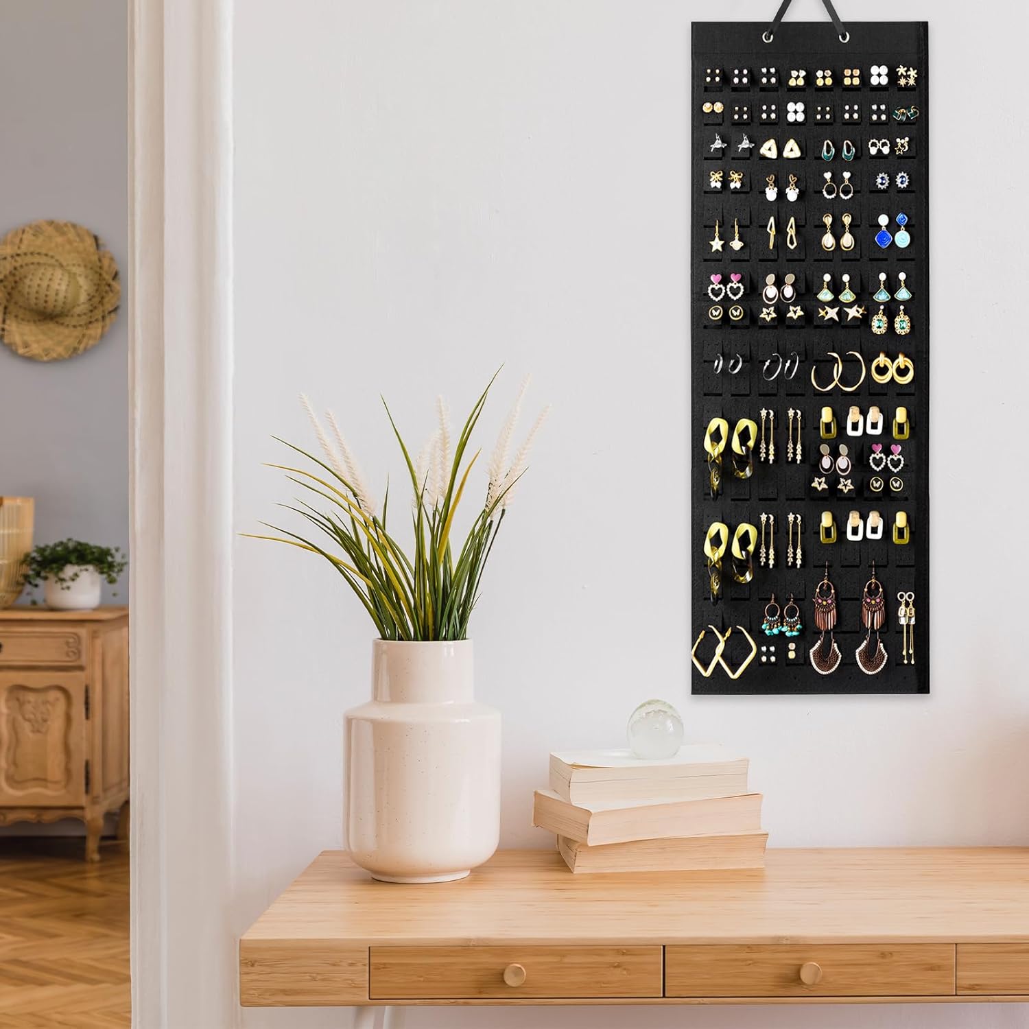Lolalet Hanging Earring Holder Organizer with 20 Hooks for Women, Earring Organizer Wall Earrings Hanger Pierced Earring Storage, Felt Stud Earring Display, 608 Holes for Earrings - Black, 1 Pack