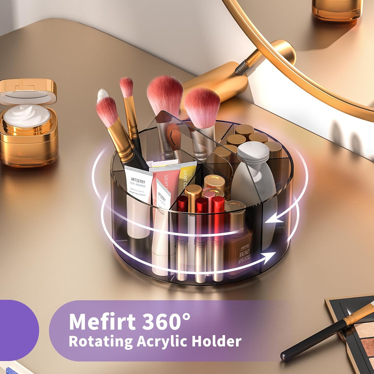 Acrylic Pen Organizer, 360 Degree Rotating Desk Organizer with 6 Compartments Crayon Holder for Office, School, Home, Art Supply, Grey