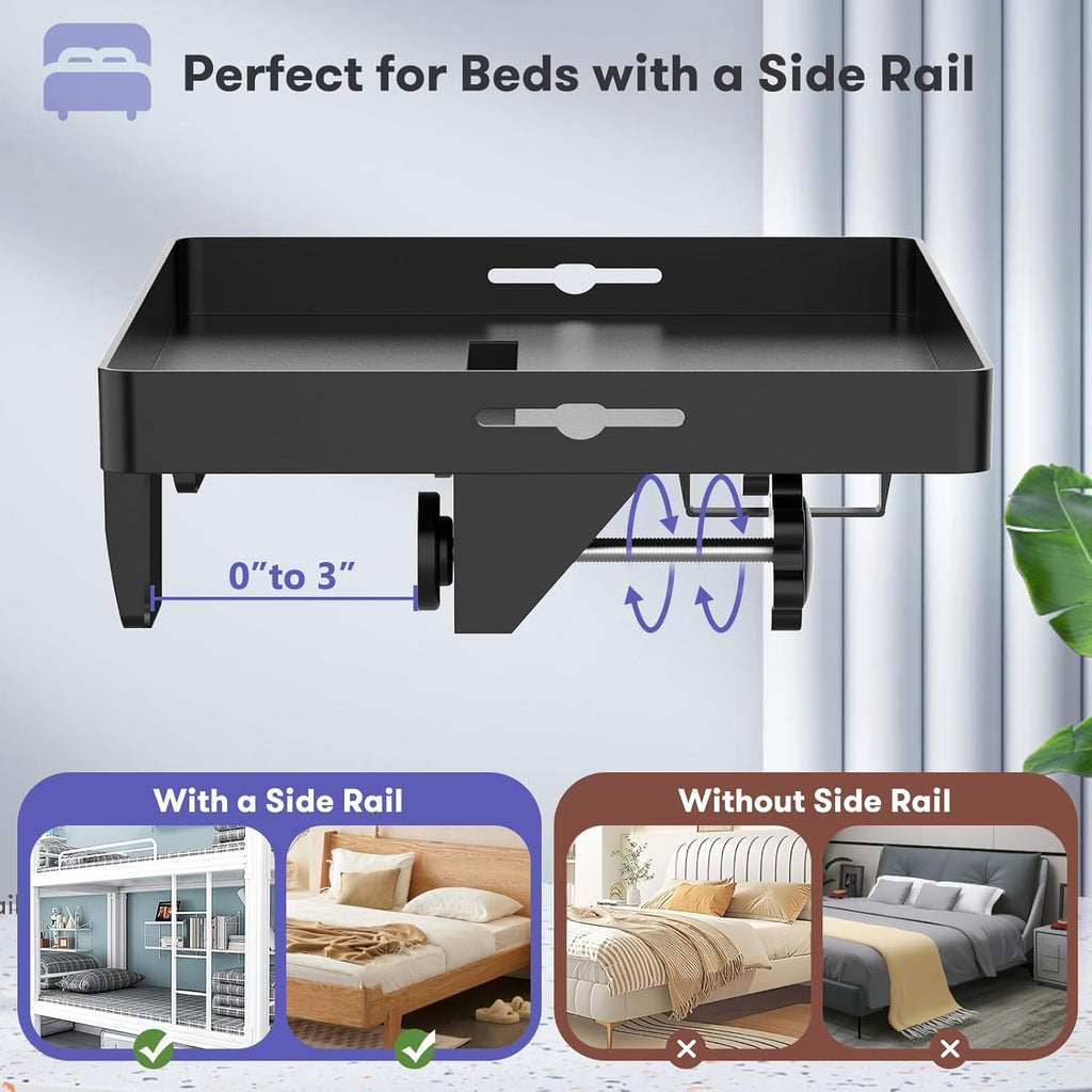 Bedside Shelf, Bunk Bed Table Shelf for Top Bunk, Black Clip On Nightstand with Removable Cup Holder&Power Strip Holder,Bunk Bed Tray for Dorm Bed&Loft Bed,College Dorm Room Essential(Updated Version)