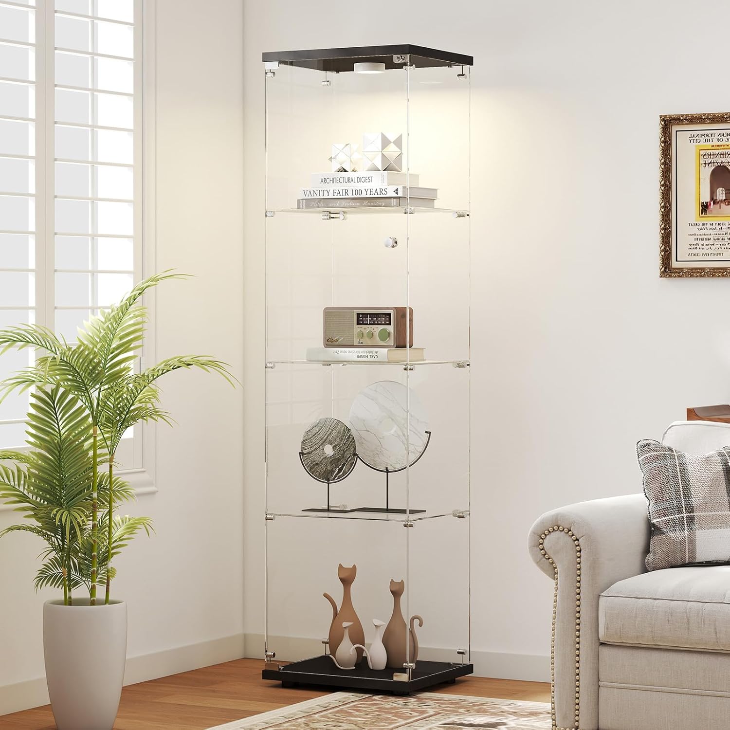 Tempered Glass Display Cabinet with Lights, 4-Tier Curio Cabinet with Glass Doors and Lock, Glass Display Case for Collectibles, for Living Room, Bedroom, Office, Black, Single Door