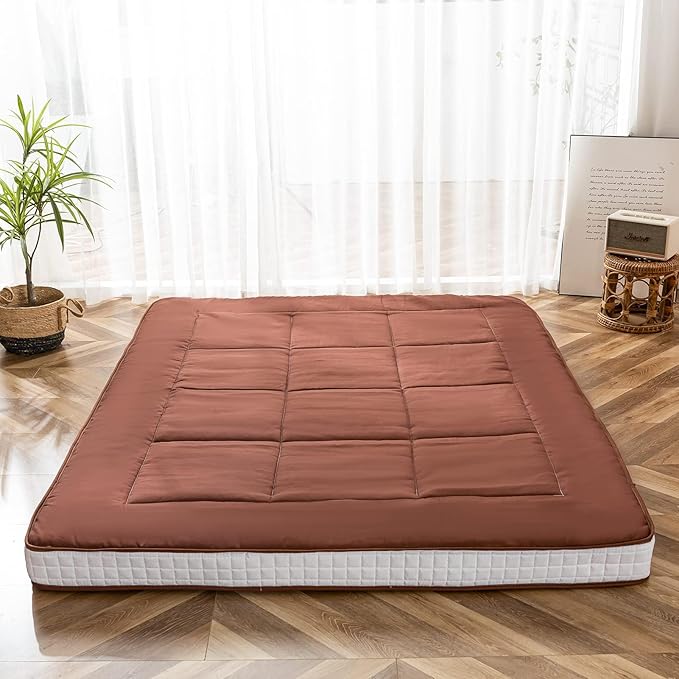 MAXYOYO Futon Mattress, Japanese Floor Mattress Full Size, Quilted Bed Mattress Topper, Extra Thick Folding Sleeping Pad Breathable Floor Lounger Guest Bed for Camping Couch, Coffee