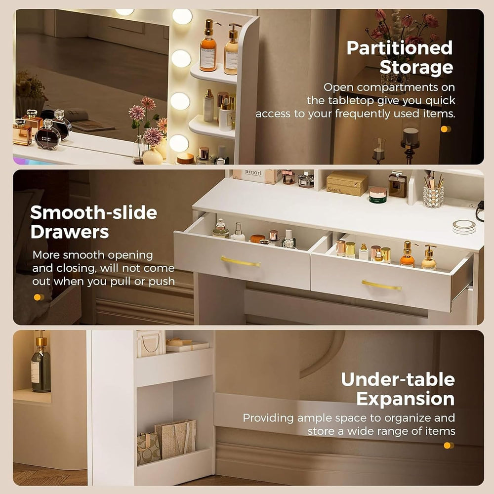 LUCKRACER Vanity Desk with LED Lights Mirror & Charging Station, Makeup V...