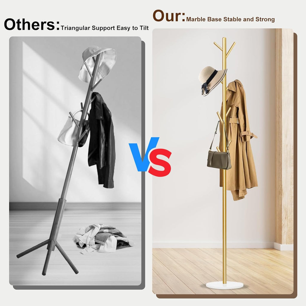Coat Rack, Metal Freestanding Coat Rack with 8 Hooks, Sturdy Coat Tree with Natural Marble Base for Coats, Hats, Scarves and Handbags for Entryway, Hallway, Bedroom, Office,Dorm (Gold)