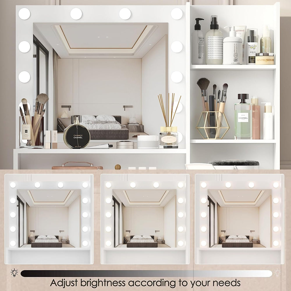 Vanity Desk with Mirror & Light, Three Level Storage Dresser & Large ...