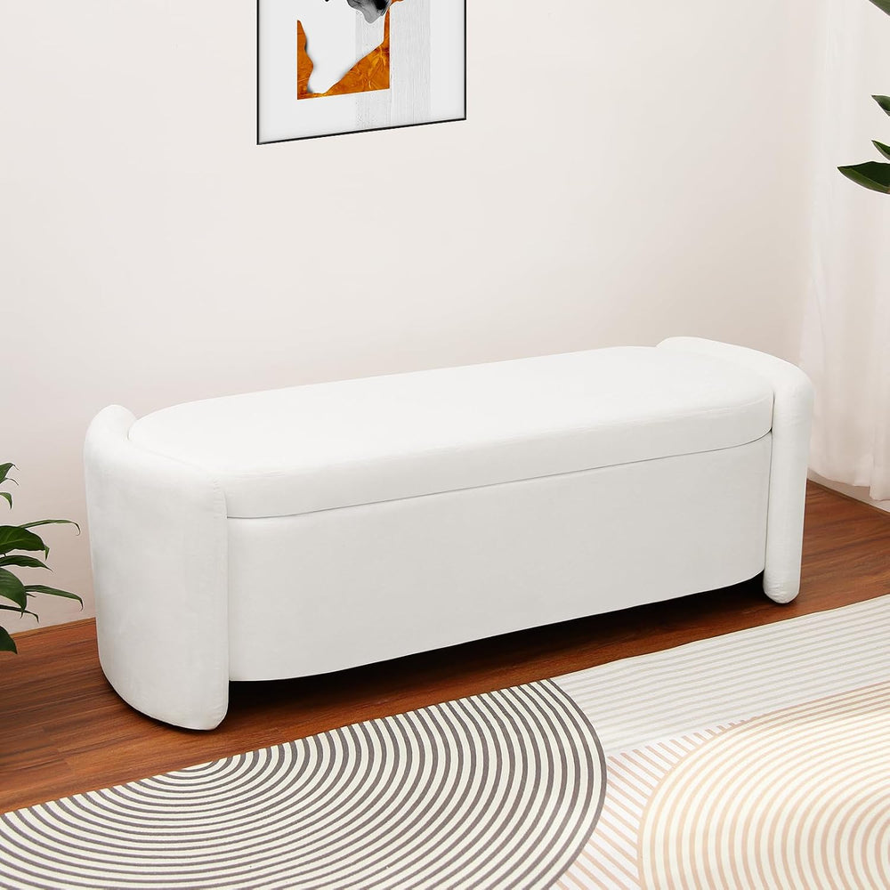 Oval White Velvet Storage Ottoman Bench, 48.8" | Velvet Upholstered Otto...