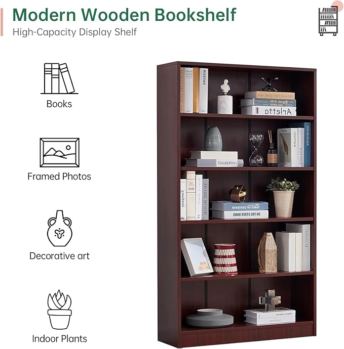 NicBex 59.8“ Heavy Dute Wood Bookcase with Adjustable Shelves, Modern Manga Bookshelf for Living Room, Office, Small Spaces, Manga and Book Shelves Storage, Tip-Over Resistant, 33" Wide Cherry