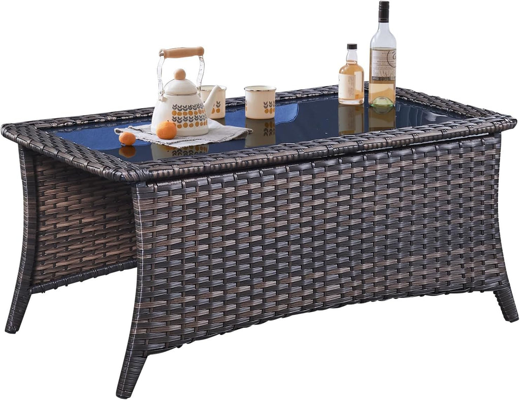 Belord Outdoor Coffee Table with Tempered Glass Top, Patio Rectangular Brown Wicker, Handwoven Rattan Coffee Table Compatible with Patio Furniture Sets for Porch Deck Backyard